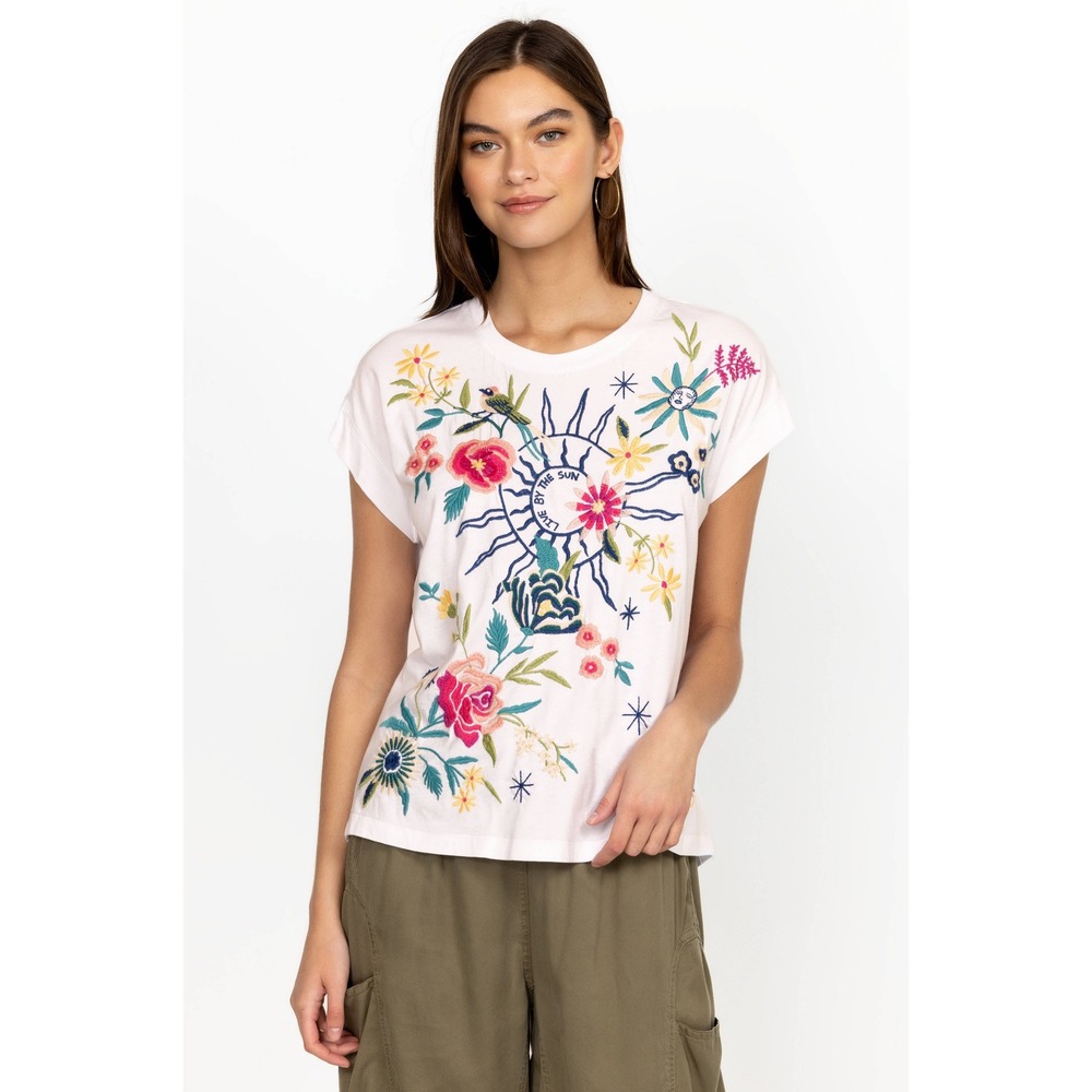 Johnny Was White Embroidered Live By The Sun Floral Cotton Tee Large